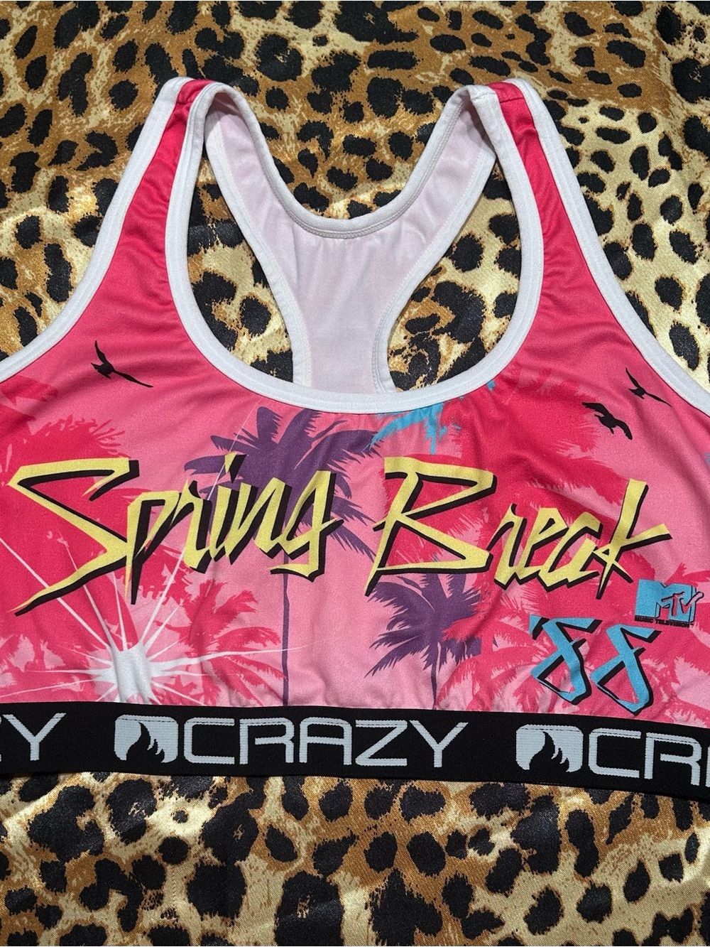 Crazy x MTV Spring Break 88 Pink Palm Tree Graphic Sports Bra